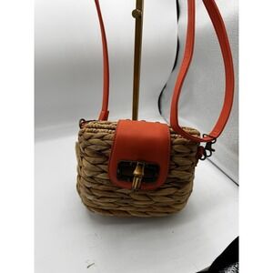 Sun N Sand Coral Woven Straw Shoulder Bag Buckle Studded Turn Lock Orange PT3